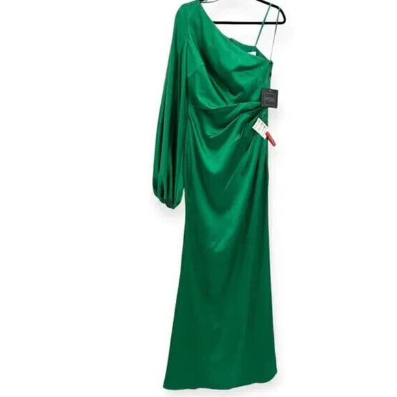 MAC DUGGAL 26588 SATIN‎ PUFF SLEEVE ONE SHOULDER EMERALD GREEN GOWN sz 6 - Picture 4 of 9